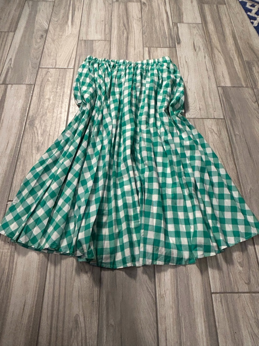 Green White Gingham Women’s Large Skirt Elastic Waist Pleated Boho Prairie Flowy - Picture 2 of 6